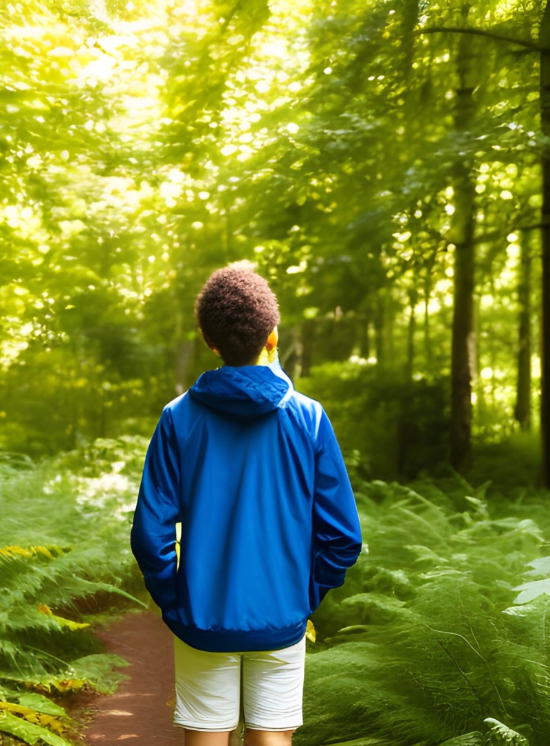 boy standing in trees